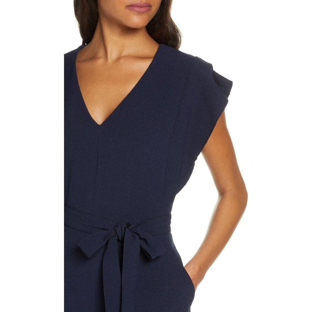 Eliza J Flutter Sleeve Belted Crepe Dress, Size 6 - Blue